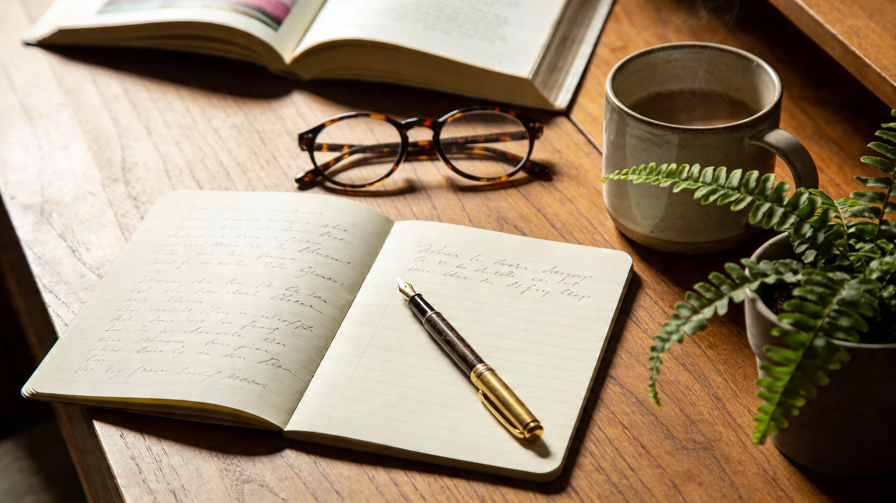 A quiet morning workspace with notebook, pen, plant, and coffee — the kind of deliberate, grounded work the Foundation was built on