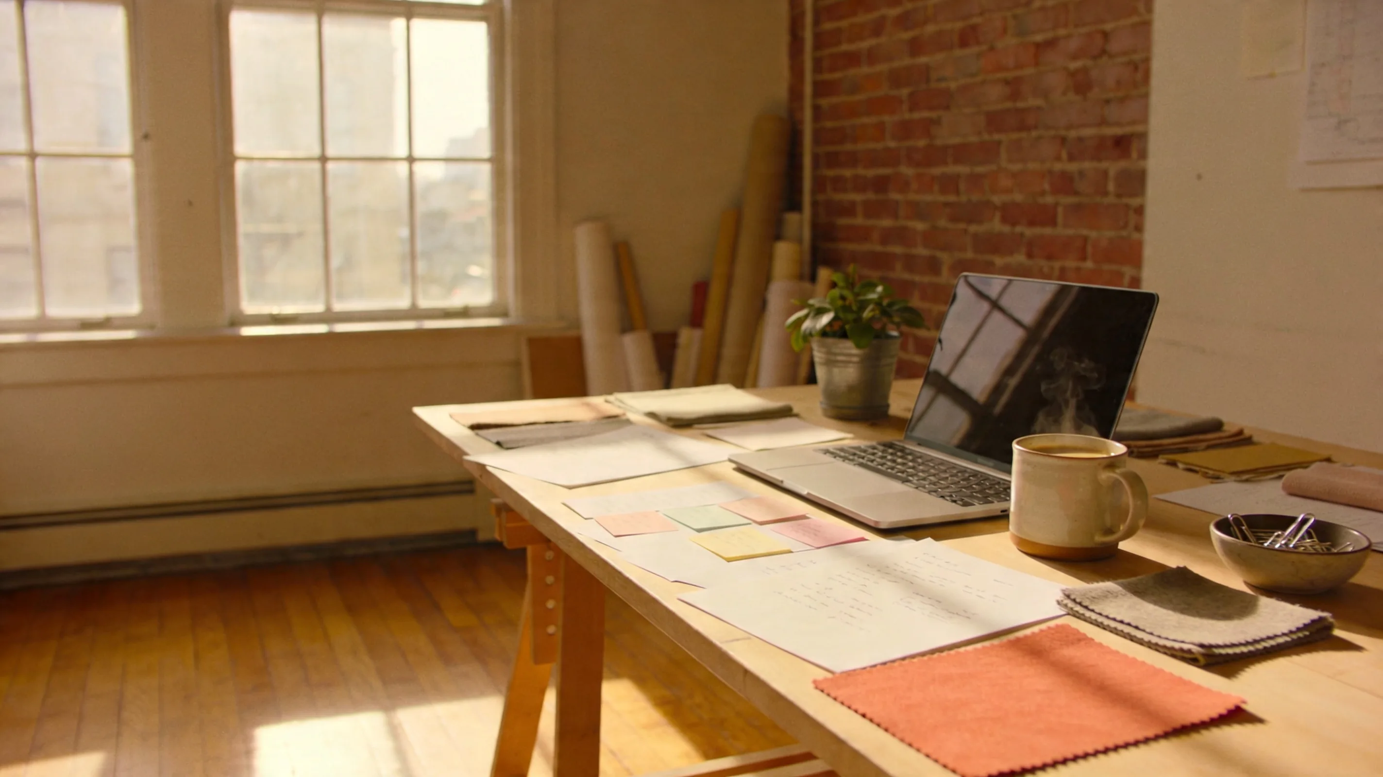 A small independent creative studio interior, wooden worktable with laptop, scattered notes, fabric swatches, coffee mug, and morning light streaming through tall windows