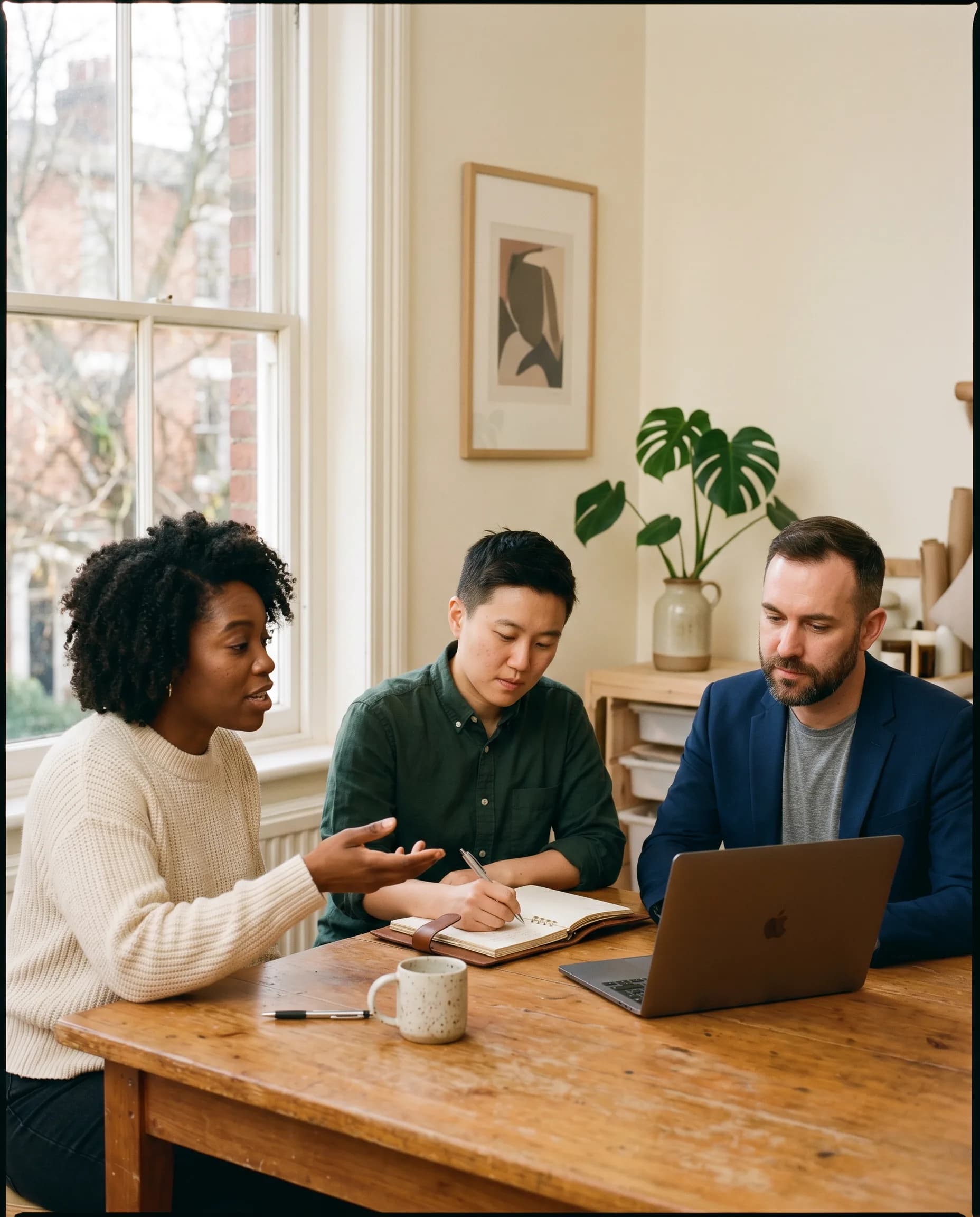Three LGBTQ+ community members working together around a cluttered table in a casual community space, one mid-gesture in conversation, another pointing at a laptop screen.