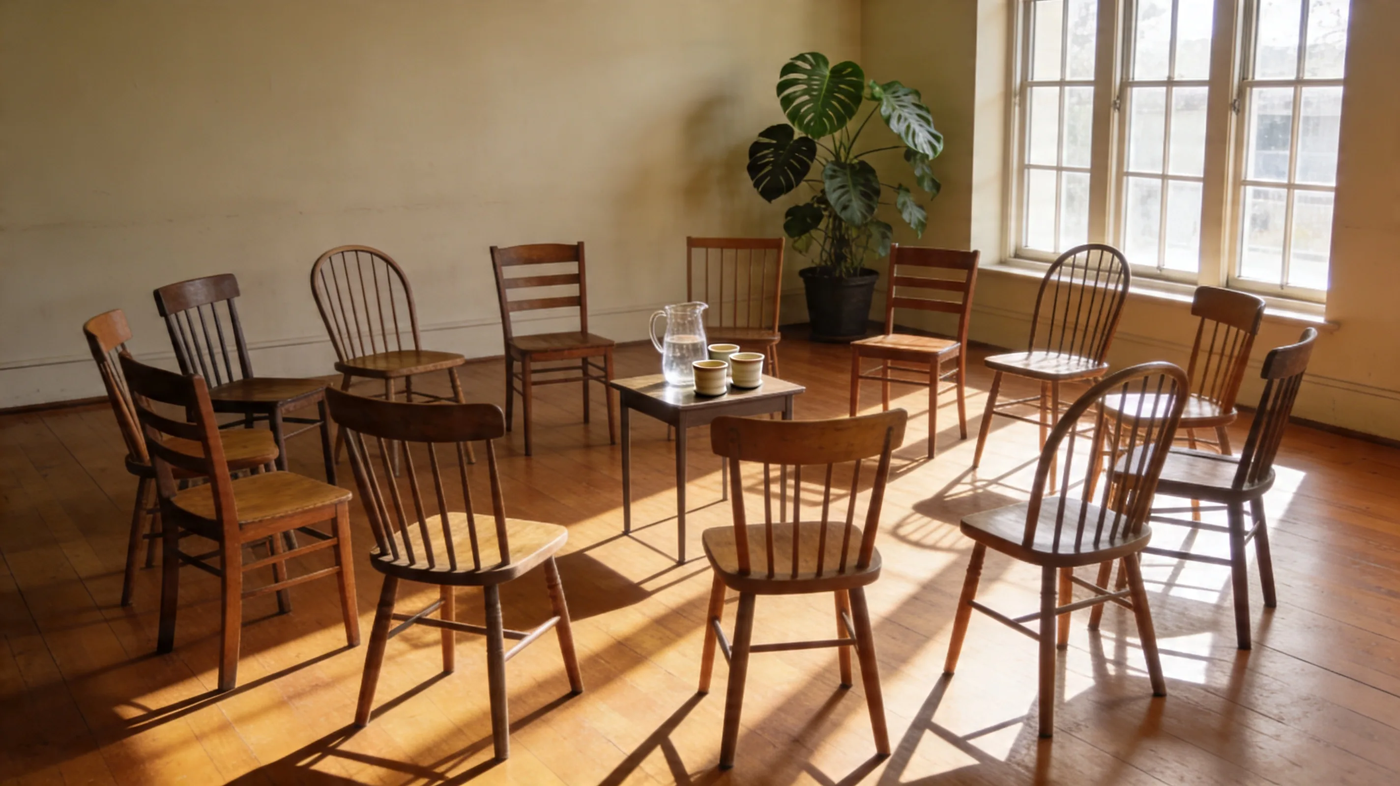 An empty circle of wooden chairs in morning light, the kind of community space where SMART Recovery workshops are held