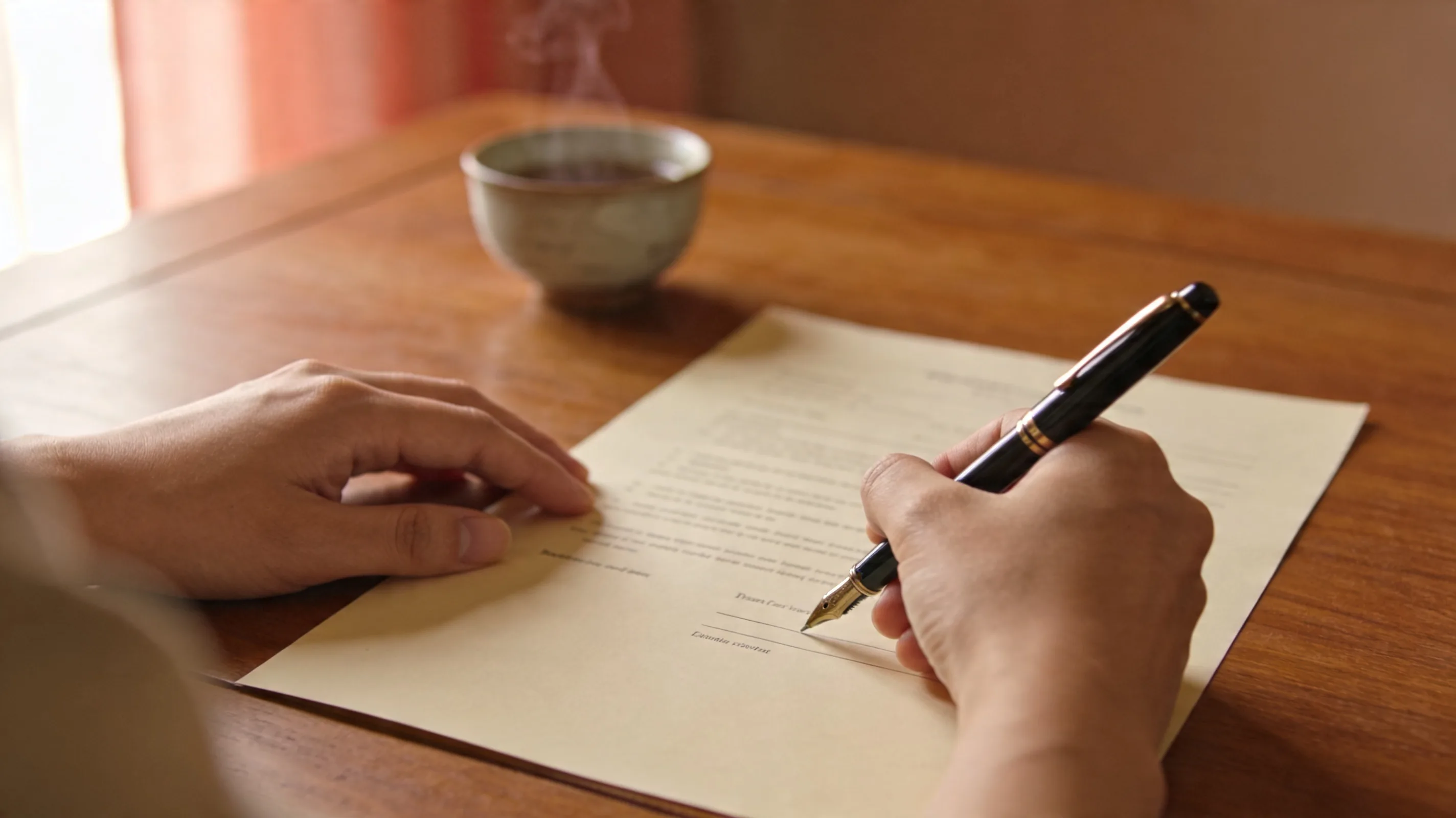 Hands completing paperwork in warm window light, representing the quiet personal work of legal name change and gender marker processes